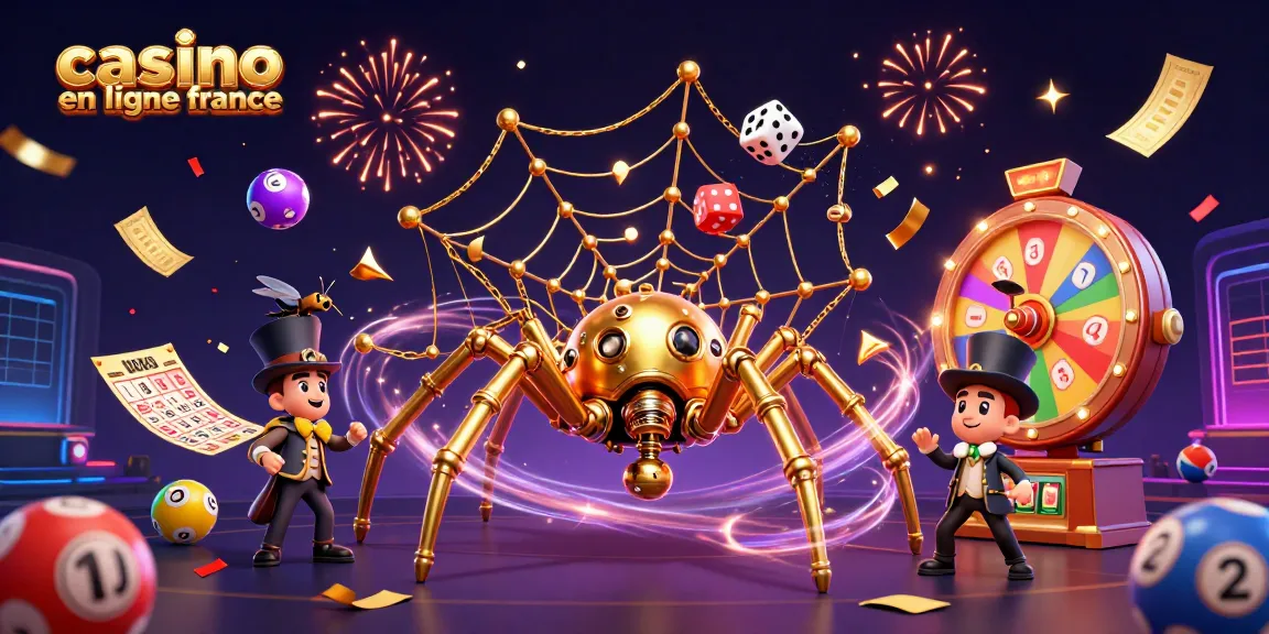 Illustration d'un casino en ligne en France dynamique avec une araignée steampunk et des éléments de jeu colorés.