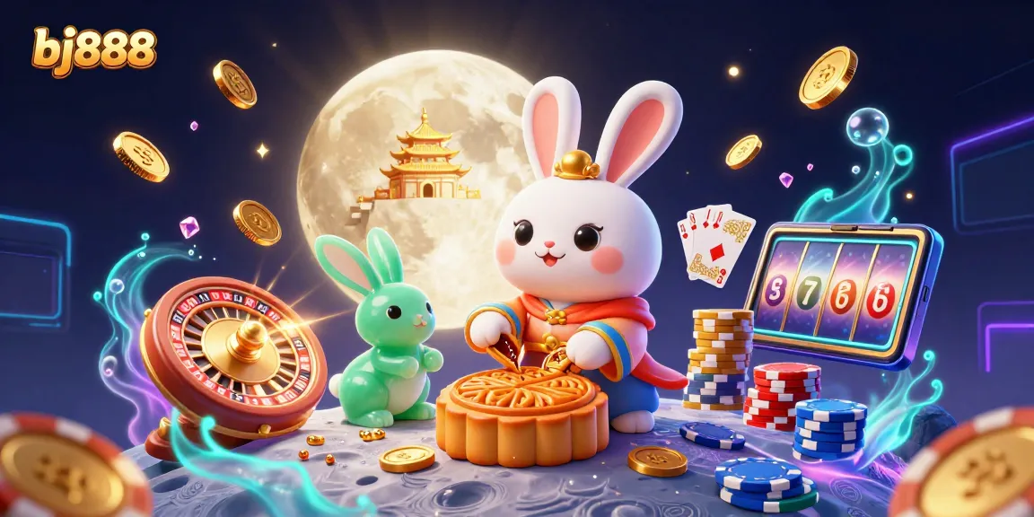 Engage with bj888 and discover an exciting 3D gaming universe with a moon rabbit and poker chips.