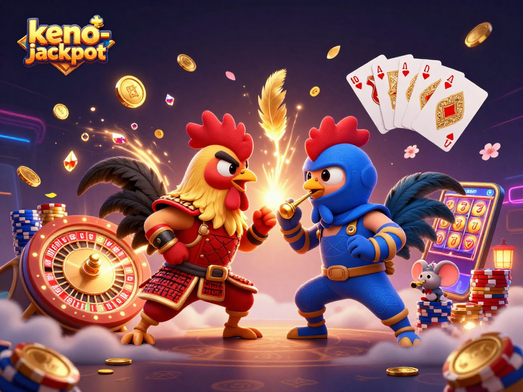 Engage in thrilling keno-jackpot battles with animated roosters and dazzling casino elements.