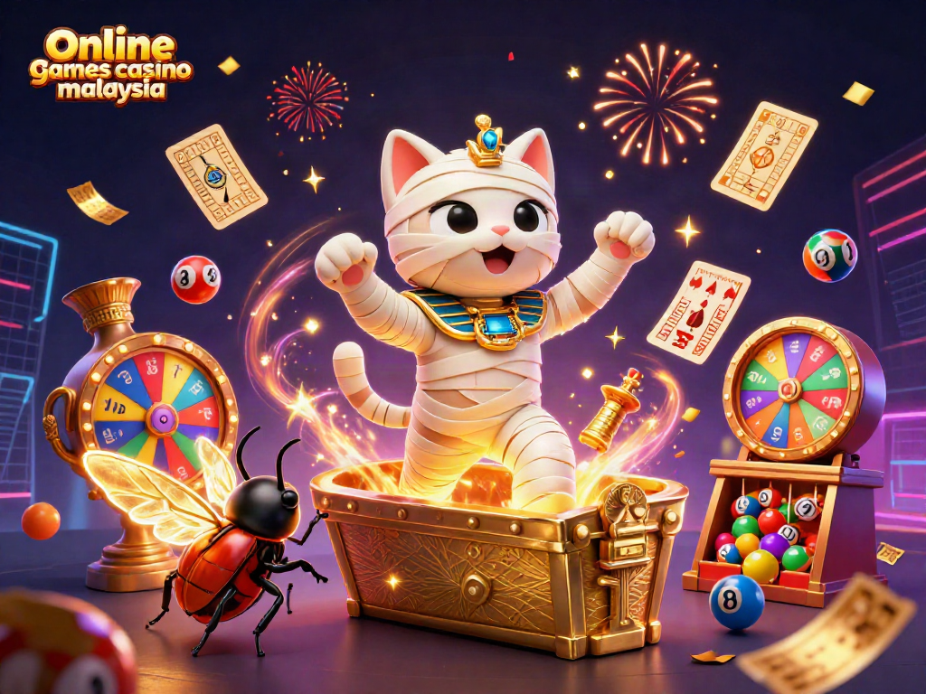 Engage in vibrant online games casino Malaysia with a thrilling 3D illustration of a mummy cat and scarab beetle.