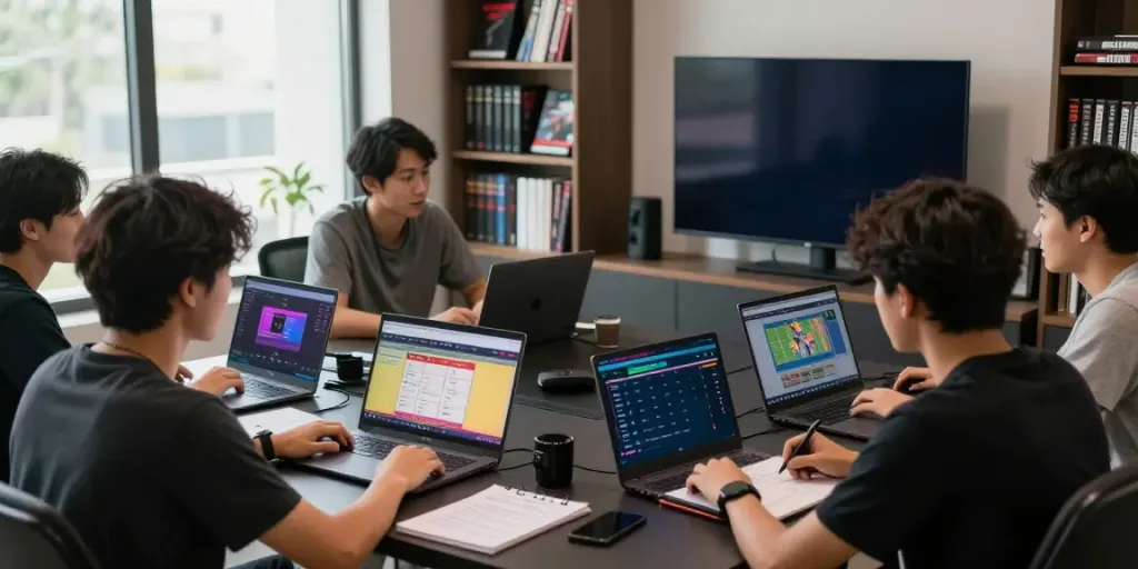 Group engaged in discussing togel online strategies in a modern gaming setting.