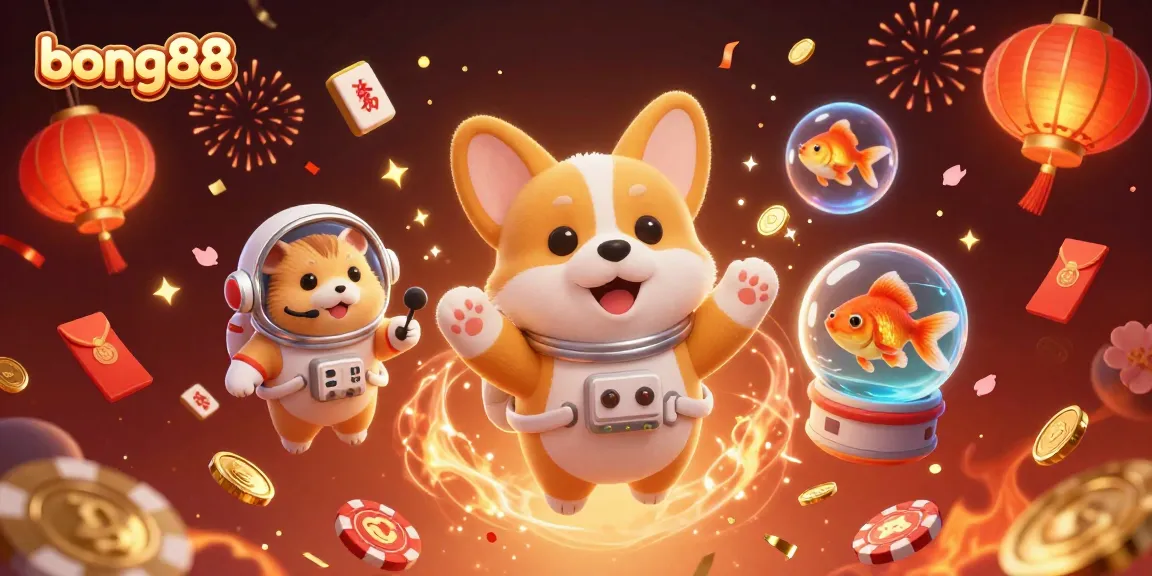 Engage in the fun of bong88 at a vibrant space casino with floating gaming elements and cheerful characters.