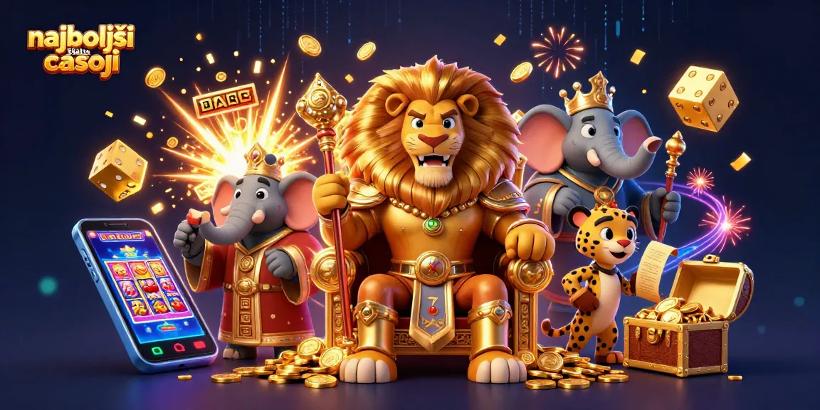 Najboljši spletni casinoji: kralj, slon, in gepard ob 3D slot avtomatih in zlatih simbolih.
