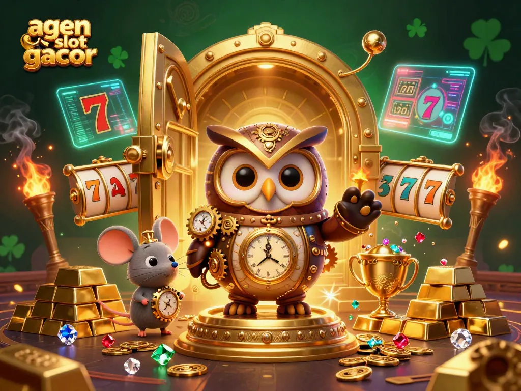 Experience excitement with agen slot gacor through a vibrant 3D casino adventure illustration filled with treasures.