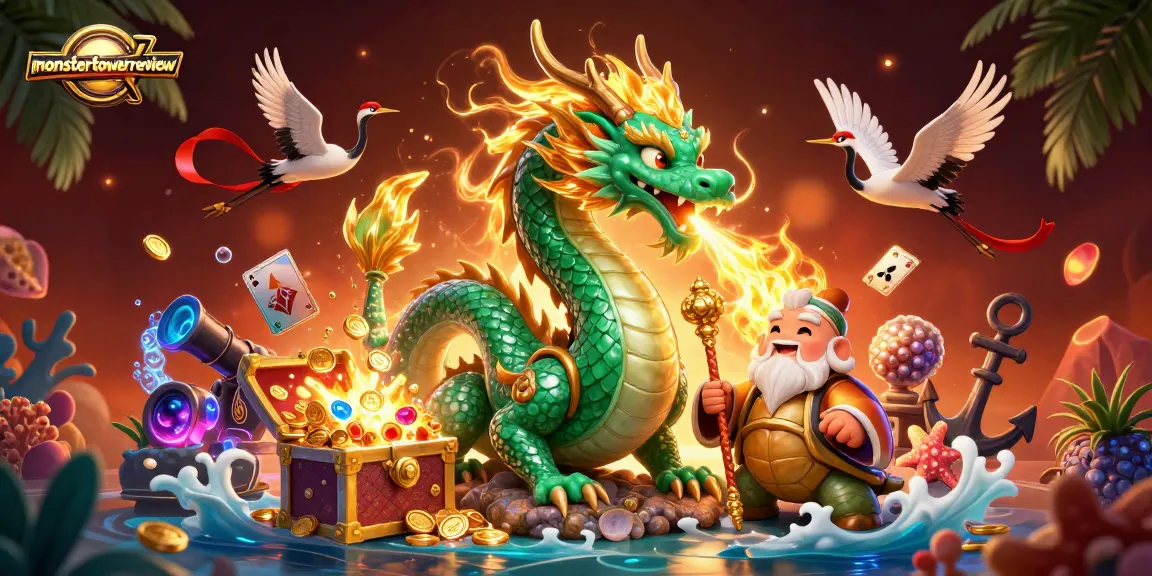 Experience thrilling action in monstertowerreview with a jade dragon guarding treasures and lucky cranes.