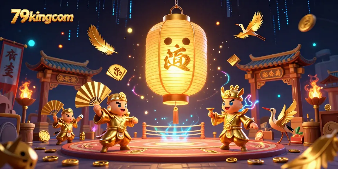 Experience excitement at 79kingcom with a vibrant scene featuring a golden lantern spirit amidst mesmerizing casino elements.