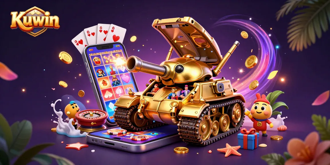 Kuwin’s vibrant casino tank bursting with colorful slot games and confetti, creating rich gaming excitement.