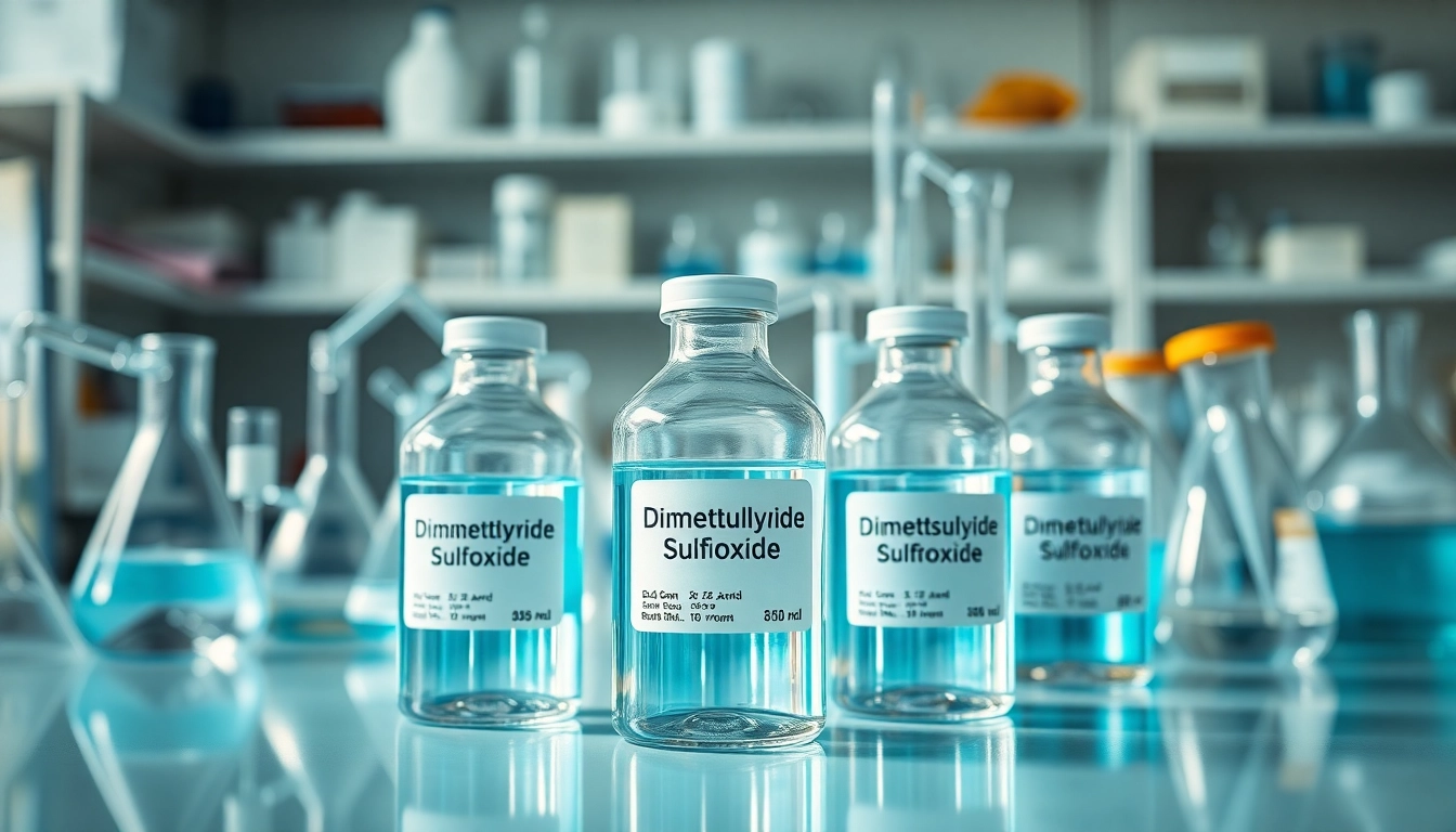 Vials of dimethylsulfoxide in a laboratory setting with scientific equipment.