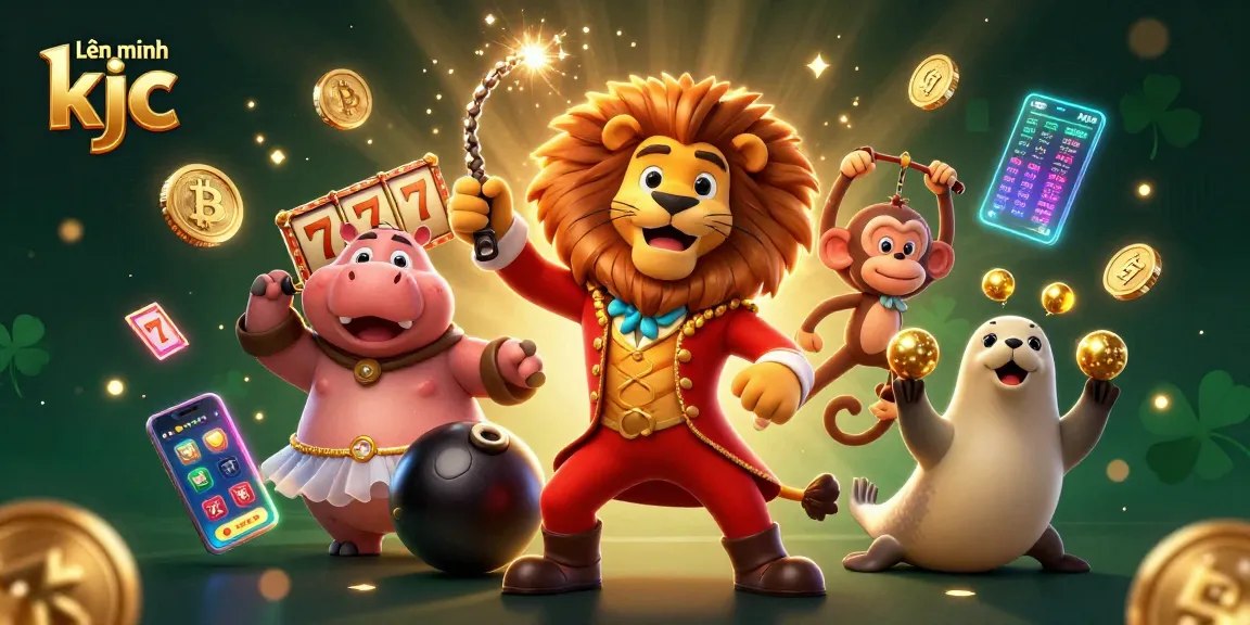Engaging scene of Liên minh kjc featuring a circus ringmaster lion, hippo, monkey, and seal among vibrant casino items.