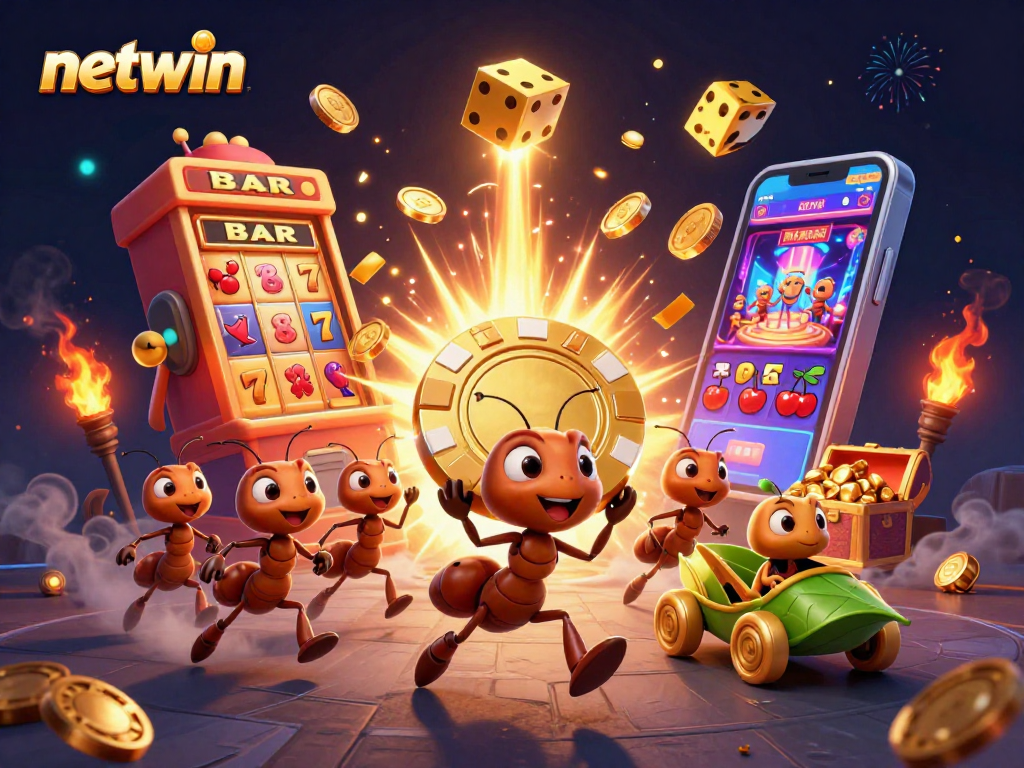 Spin the reels of netwin with a heist theme, showcasing playful ants and golden treasures in a vibrant casino.