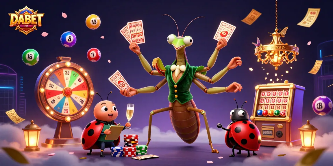 DABET features a giant praying mantis card sharp managing a lively casino scene with vibrant game elements and a ladybug pit boss.