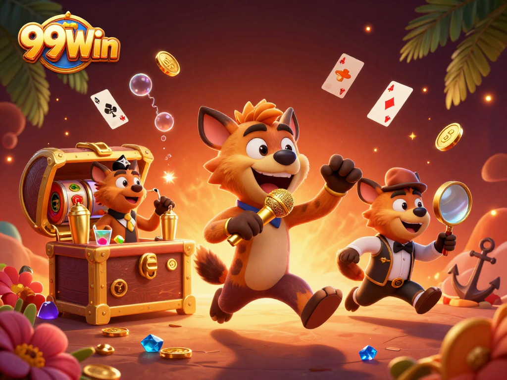 Engage in thrilling fun at the 99Win casino with lively hyena characters in a comedic setting.