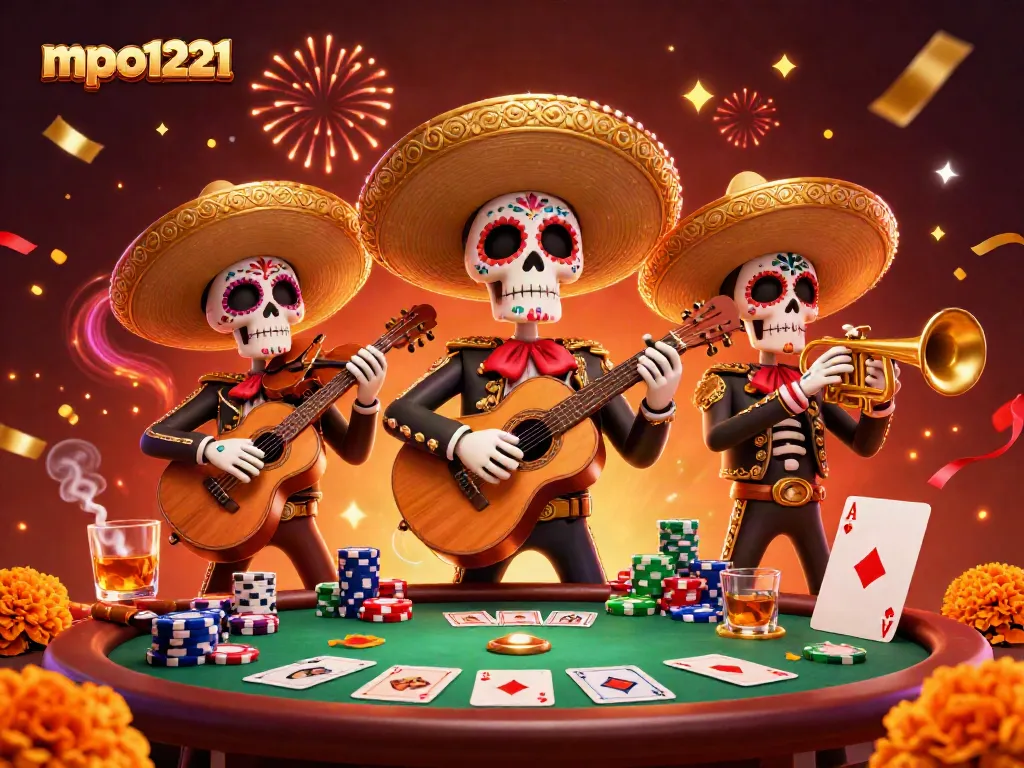 Experience lively excitement at mpo1221 with colorful Día de los Muertos characters and vibrant poker action.