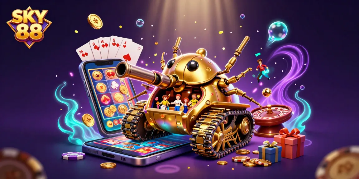 Engage with SKY 88's vibrant casino scene featuring colorful slot games and golden winnings.