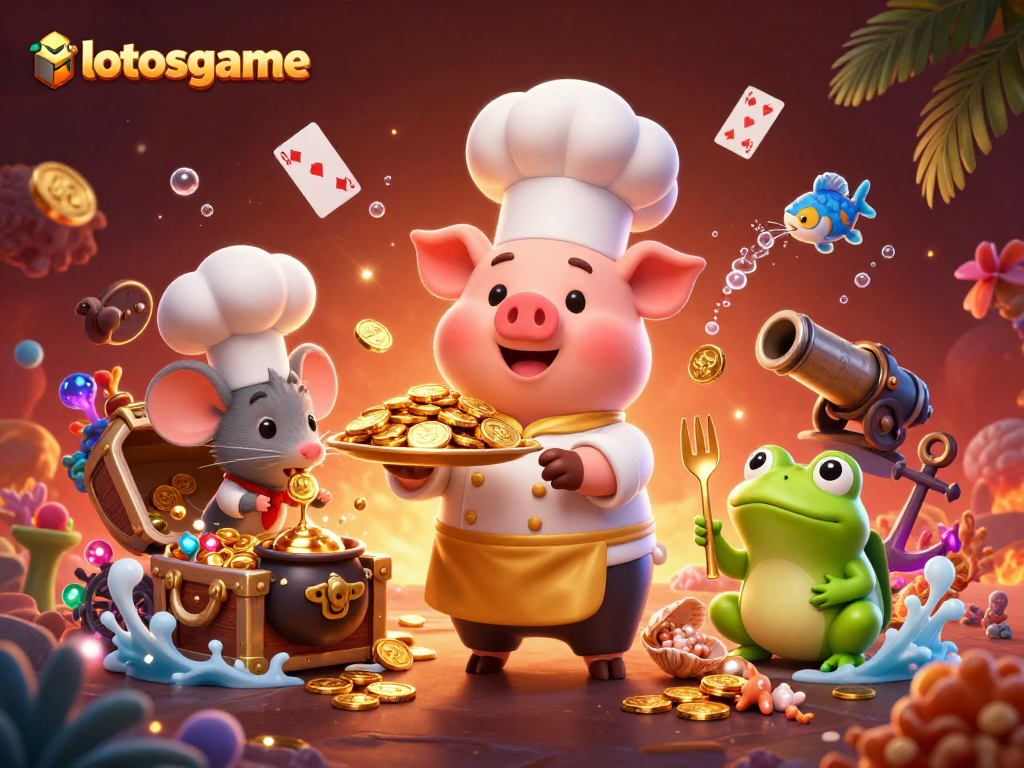 Experience thrilling adventures with lotosgame as a pig chef serves golden coins in a vibrant casino scene.