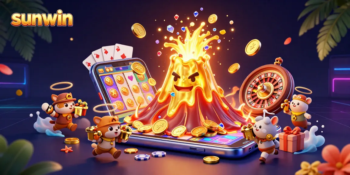 Experience the thrill of sunwin's colorful slot game with golden volcano and treasure elements.