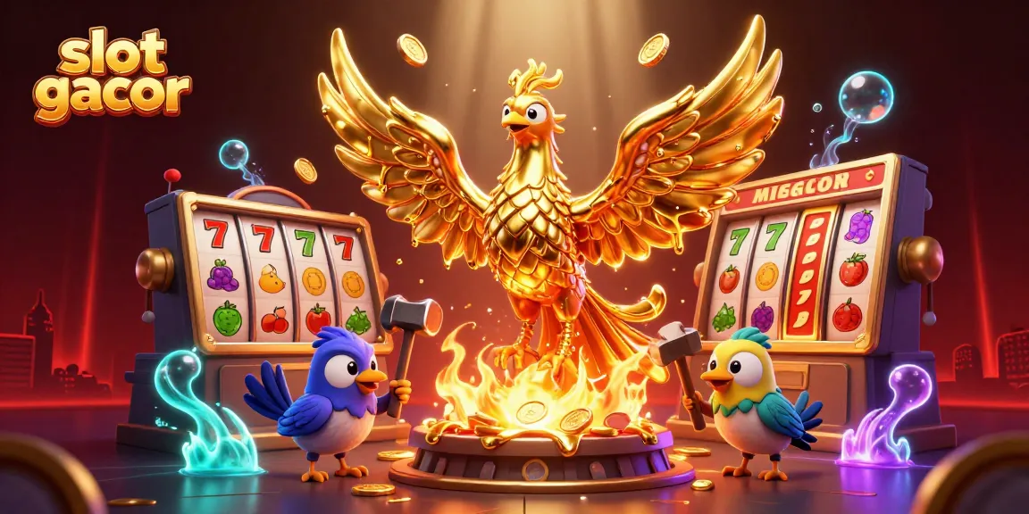 Spin the slot gacor reels with a spectacular golden phoenix amidst a vibrant casino scene.