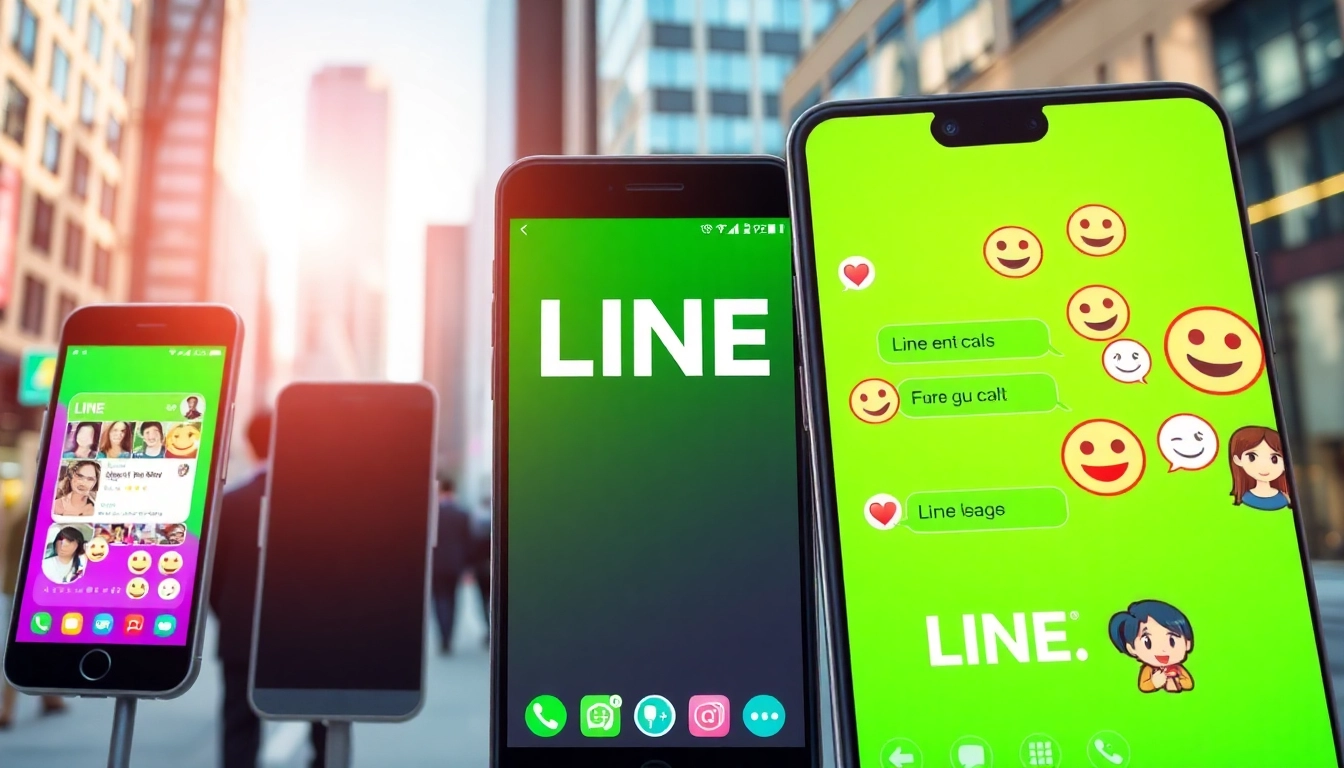 以LINE下載為中心的多媒體應用介面展示，展現生動的聊天屏幕和表情符號。