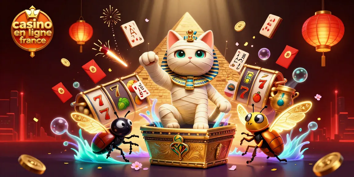 Une illustration 3D colorée représentant un chat momie égyptien dans un casino, mettant en avant casino en ligne france.