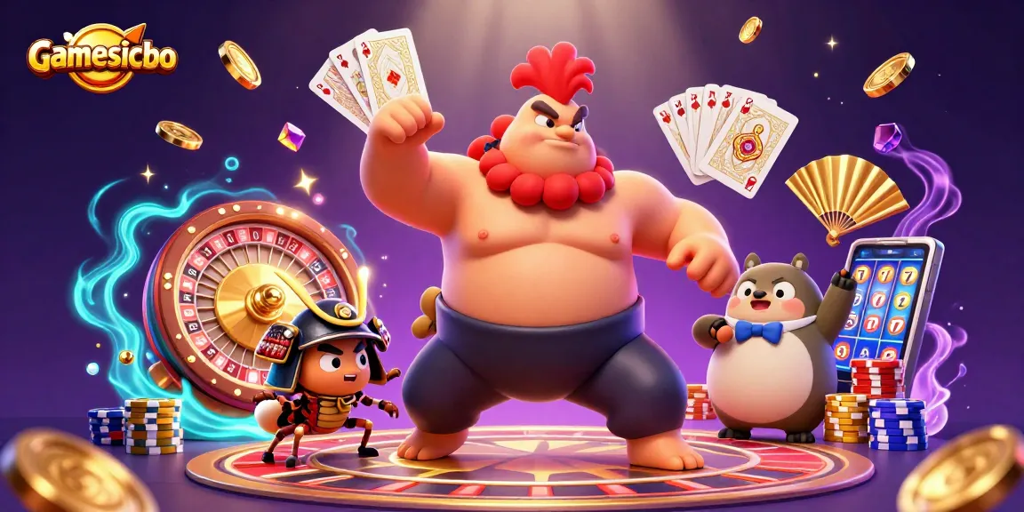 Engage with gamesicbo as a powerful sumo rooster stomps amid dazzling gambling elements.