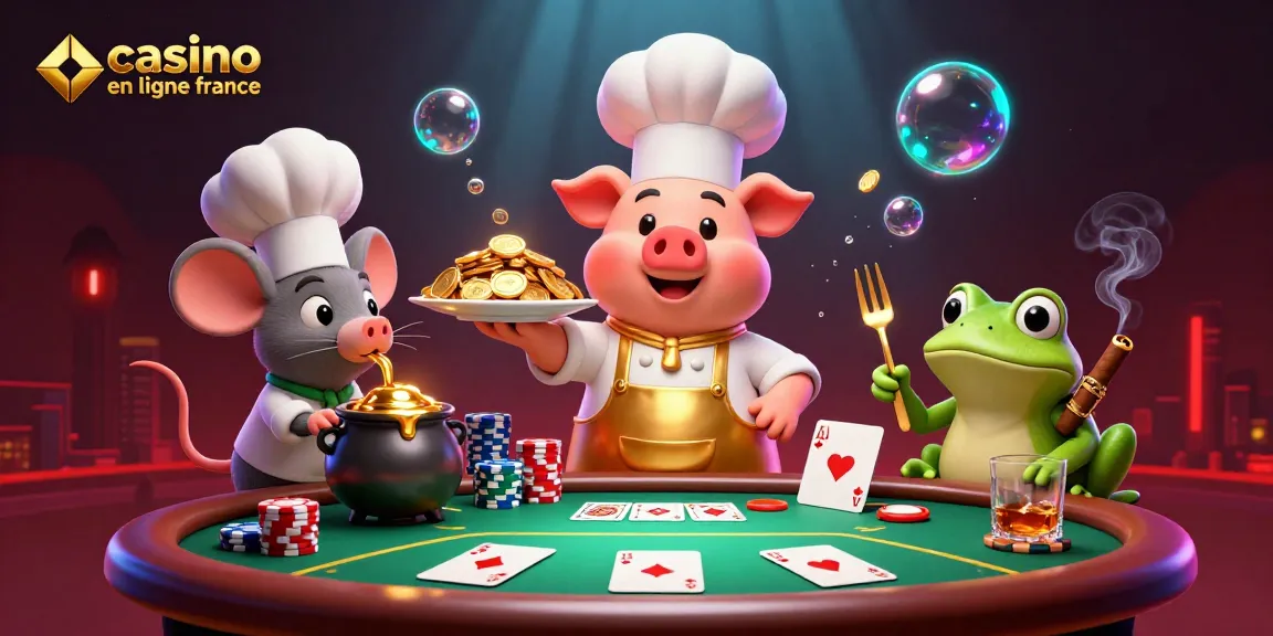 Illustration dynamique d'un casino en ligne France avec un chef en personnage central et des éléments de poker colorés.