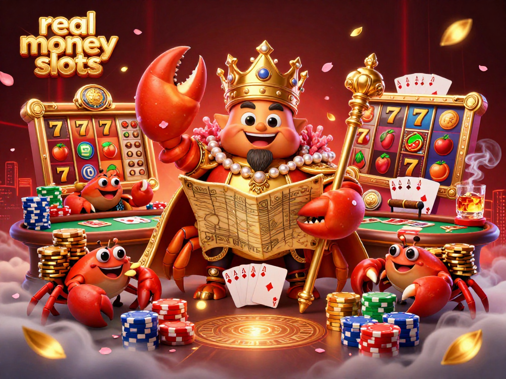 Engage with real money slots featuring a golden crab emperor amidst a rich casino backdrop.