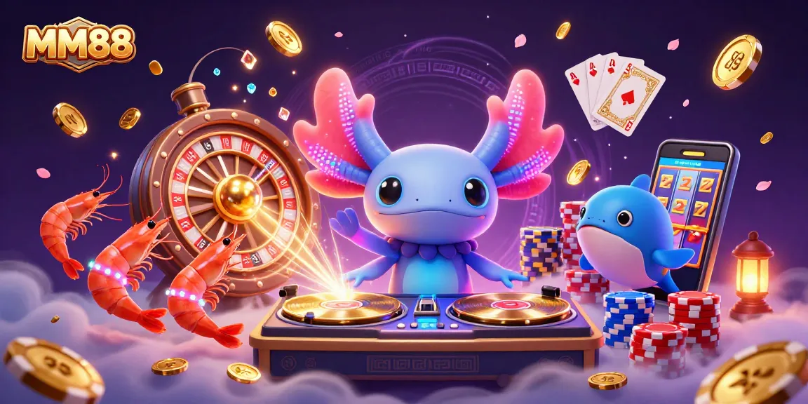 Experience the vibrant world of MM88 casino gaming with a lively neon axolotl DJ and dynamic elements.