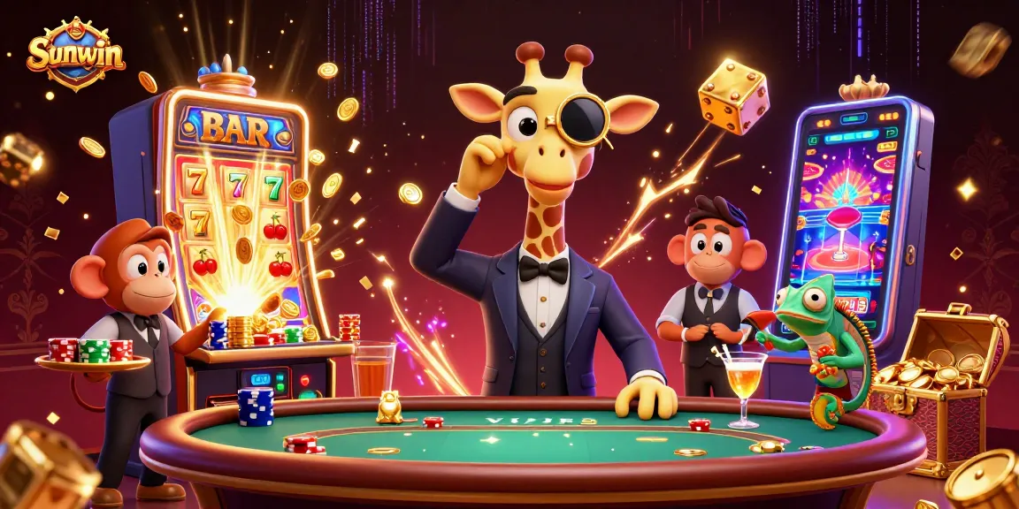 Win big at Sunwin's exciting casino with cartoon characters enjoying games and prizes.