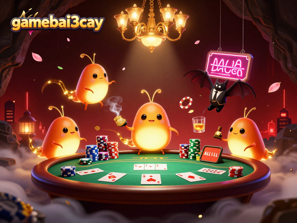 gamebai3cay showcases a vibrant cave casino scene with whimsical glowworms and a bat dealer.