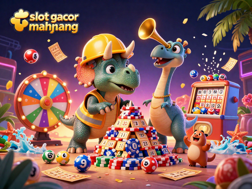 Experience the thrill of slot gacor mahjong with lively characters celebrating bonuses amid dynamic casino elements.