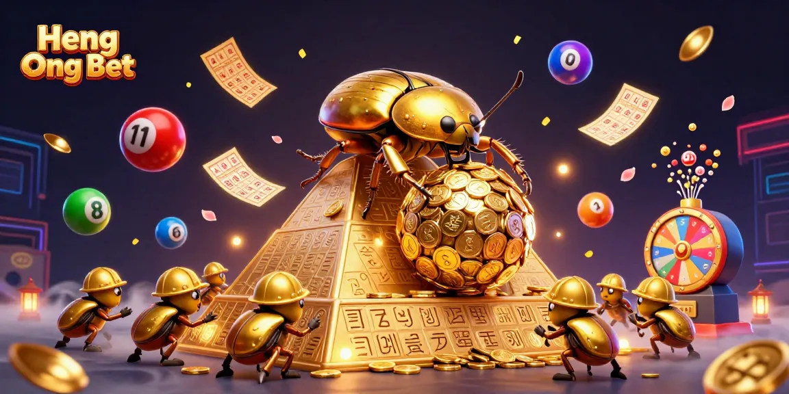 Experience the thrilling journey at Heng Ong Bet with a vibrant 3D casino scene featuring colorful lottery elements.