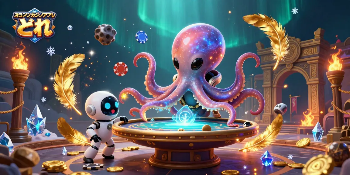 オンラインカジノアプリの選び方を示す、3D宇宙オクトパスとロボットのイラスト