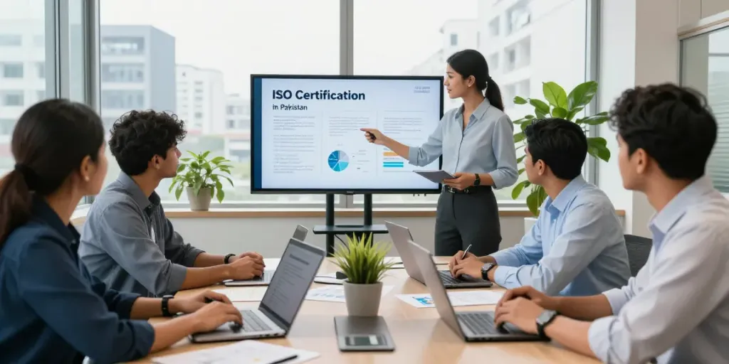 ISO Certification in Pakistan team of consultants collaborating on certification plans in an engaging office environment