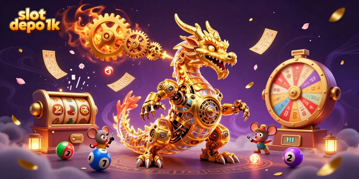 Mengalami keseruan bermain slot depo 1k dengan simbol mesin slot dan bola lotere di sekitar naga emas.