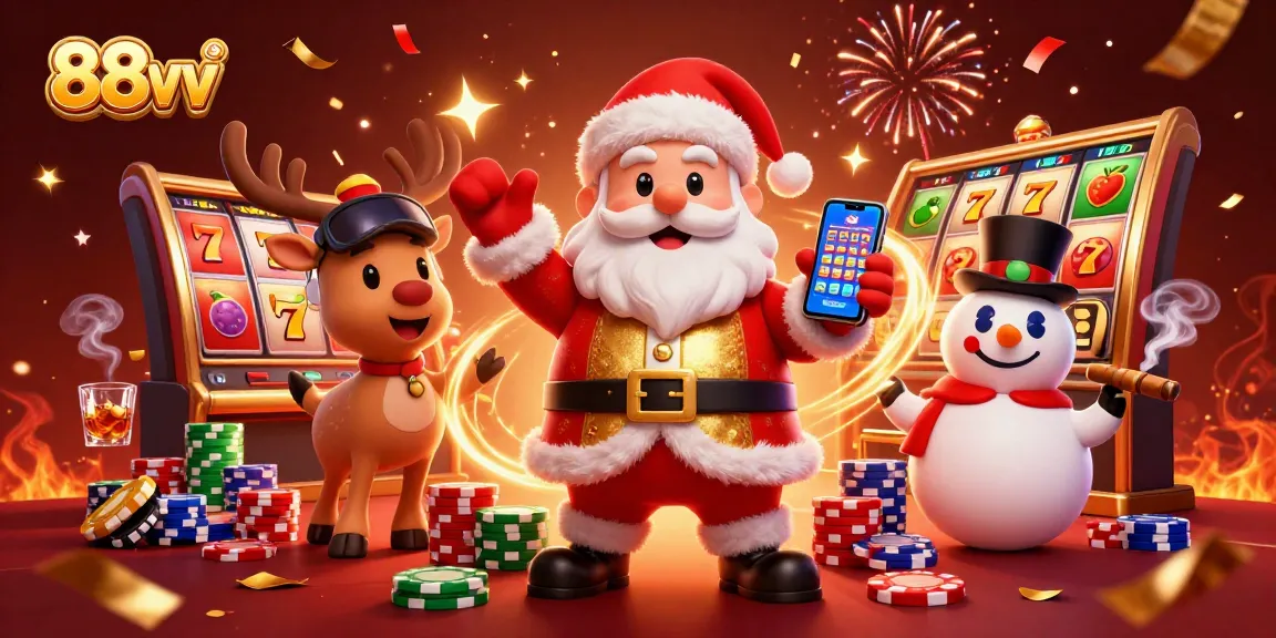 Experience excitement with 88vv's festive slots featuring Santa and friends in a lively casino scene.