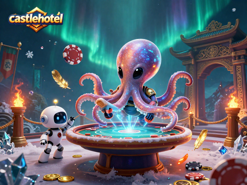 Engage with the thrilling world of castlehotel gaming as an alien octopus masterfully handles a holographic poker table against a cosmic backdrop.