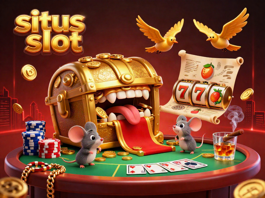 Permainan situs slot menawarkan kemewahan dengan peti harta karun emas menggiurkan dan simbol keberuntungan.