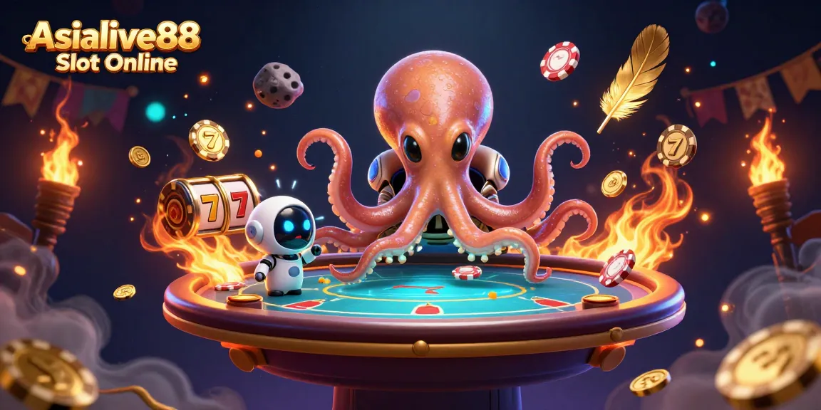 Experience excitement at Asialive88 Slot Online with a colorful alien octopus dealer at a poker table in a vibrant casino.