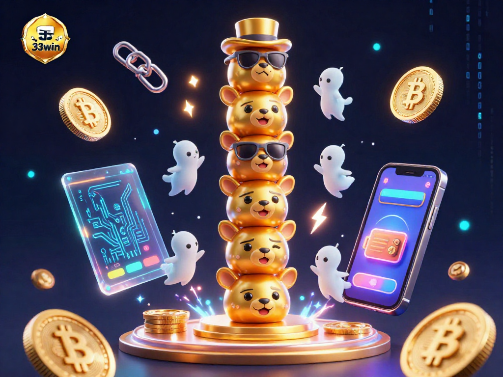 Engage with the vibrant world of 33win through a dynamic 3D casino illustration highlighting cryptocurrency themes.