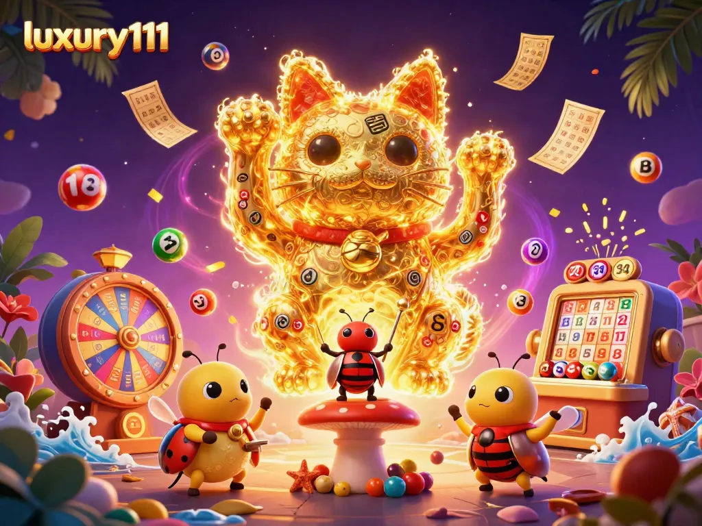 Join the excitement at luxury111 with vibrant lottery balls and colorful casino symbols.