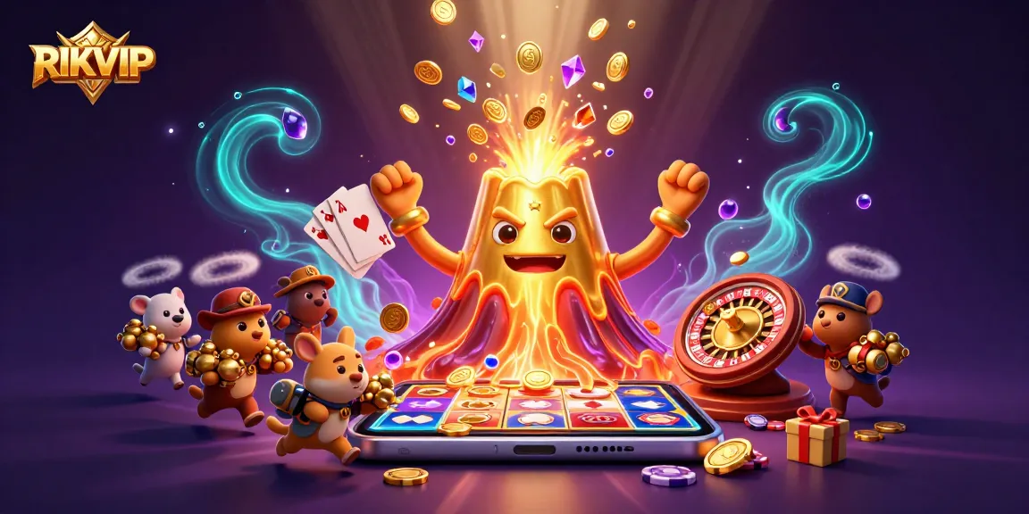 RIKVIP offers exciting gaming experiences with vibrant slot games and treasures erupting from a golden volcano.