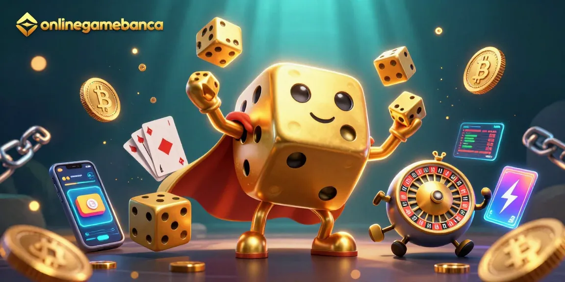 Engage with onlinegamebanca through this vibrant 3D illustration of golden dice, crypto elements, and casino icons.