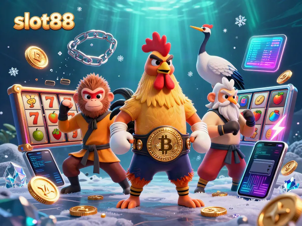 Engage with slot88's vibrant casino experience through a colorful 3D illustration of a Muay Thai rooster, Shaolin monkey, and wise crane master.