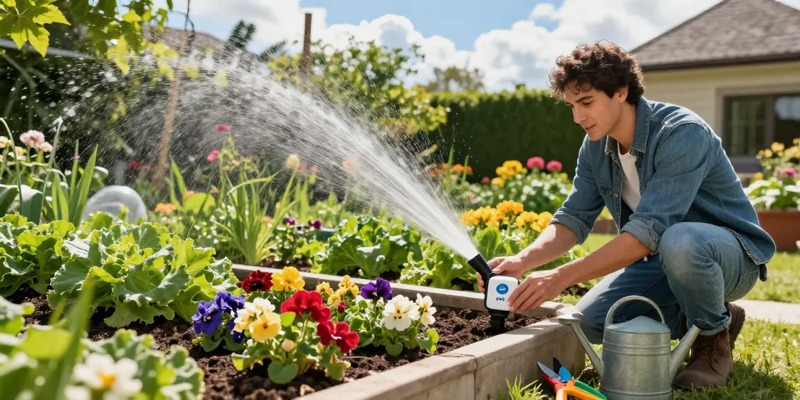 Effortlessly managing the garden with a wifi sprinkler controller in a vibrant home garden setting.