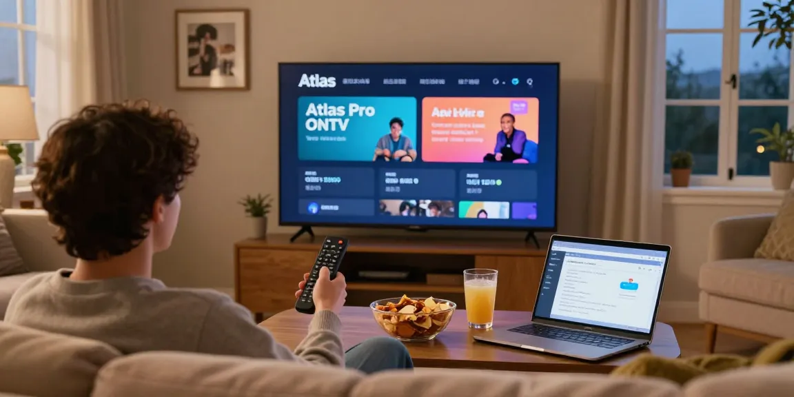 Enjoying Atlas Pro ONTV app on a cozy living room couch with snacks.