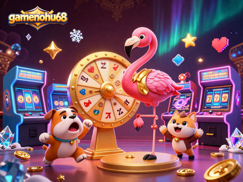 Spin the giant prize wheel with gamenohu68 in this vibrant 3D casino illustration featuring game characters and elements.