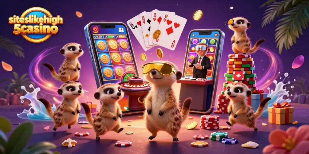 Experience dynamic gameplay at siteslikehigh5casino with engaging meerkat characters in a bustling casino scene.