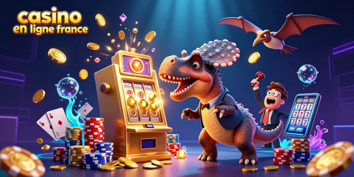 casino en ligne france : scène dynamique avec un dinosaure, une machine à sous et des pièces dorées volantes