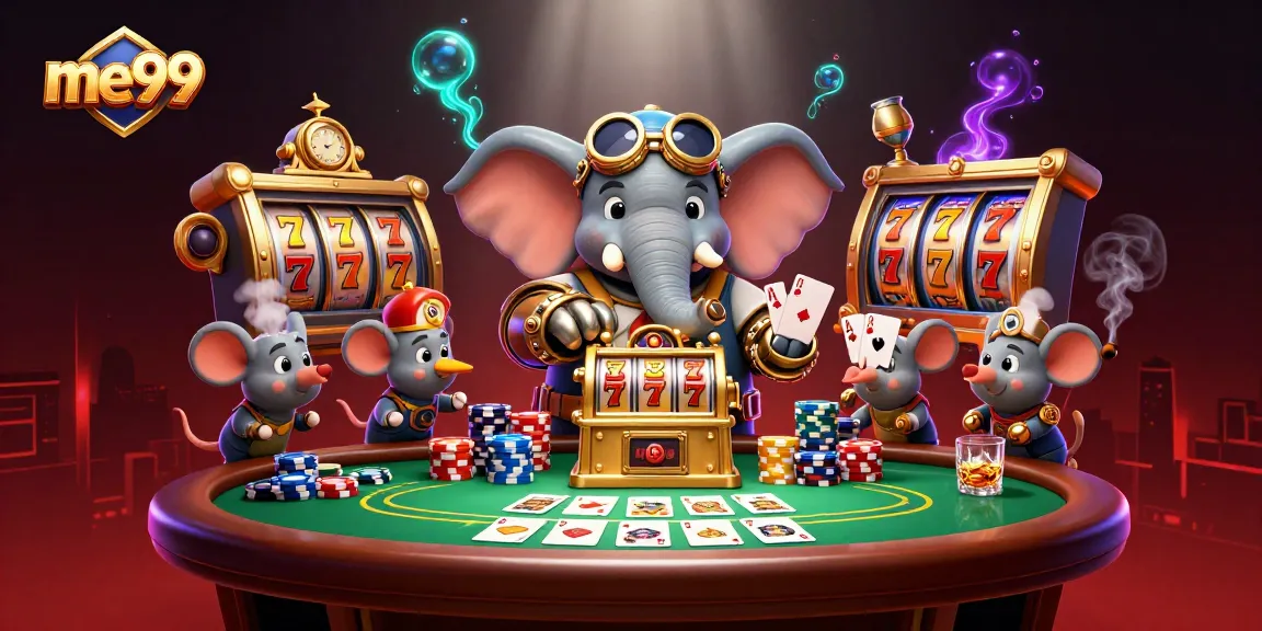 Spin to win at me99 with a steampunk elephant and vibrant casino elements in a dynamic scene.