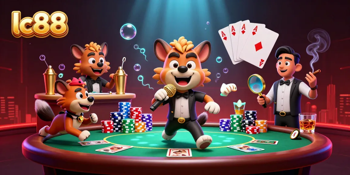Join the fun at lc88 with hyenas enjoying a vibrant comedy casino scene featuring poker and drinks.
